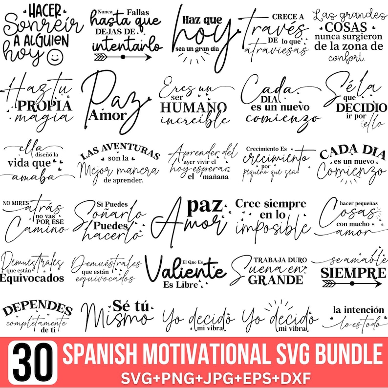 May include: A set of 30 black and white Spanish motivational quotes in a graphic design style. The quotes are in a variety of fonts and sizes. The text includes phrases like "Haz que hoy sea un gran dia" and "Cada dia es un nuevo comienzo".