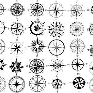 May include: A collection of 25 black and white compass illustrations. Each compass features a different design, including traditional, nautical, and modern styles.
