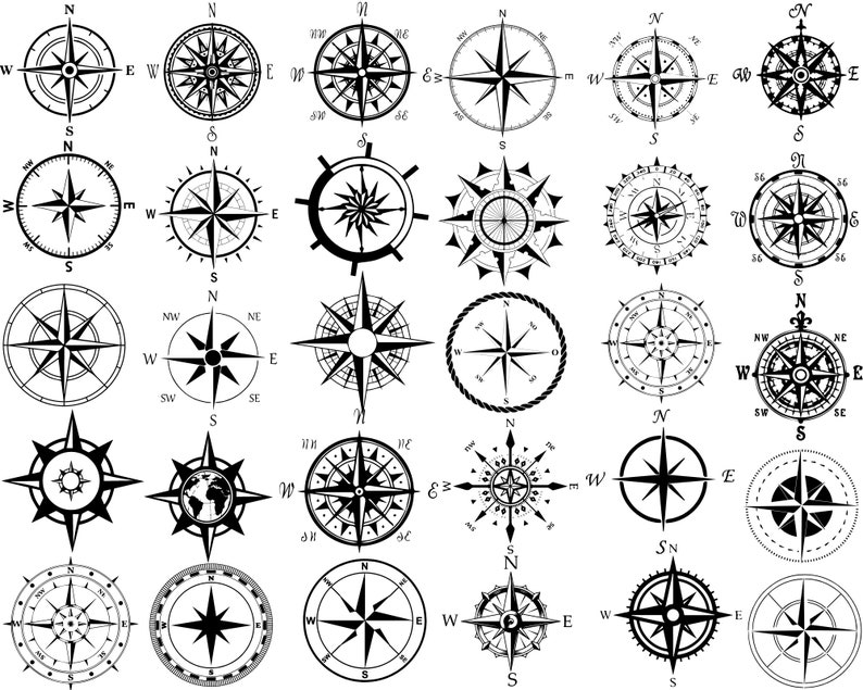 May include: A collection of 25 black and white compass illustrations. Each compass features a different design, including traditional, nautical, and modern styles.