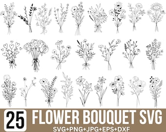 Floral Bouquet Svg Bundle, Flower svg, Bouquet svg, wildflowers svg, field plant, Wedding svg, minimalist bouquet svg, Cut Files For Cricut