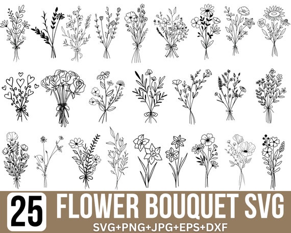 Floral Bouquet SVG PNG Bundle: Flower Svg, Bouquet Svg, Field Plant Svg, Wildflowers Svg, Minimalist Bouquet Svg, Wedding Svg, For Cricut