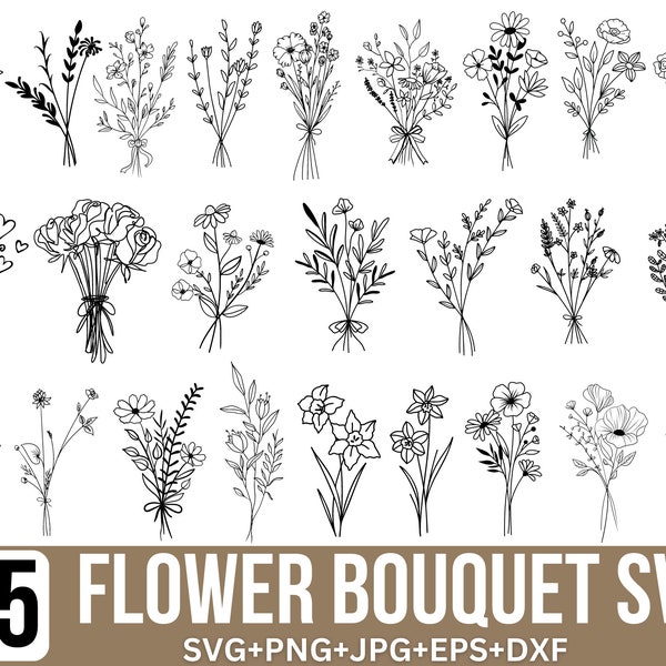 Bouquet floral Svg Bundle, fleur svg, Bouquet svg, svg de fleurs sauvages, plante de champ, mariage svg, svg bouquet minimaliste, couper des fichiers pour Cricut