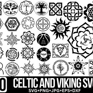 May include: A set of 30 black and white Celtic and Viking SVG designs. The designs include knots, trees, flowers, and other traditional symbols.