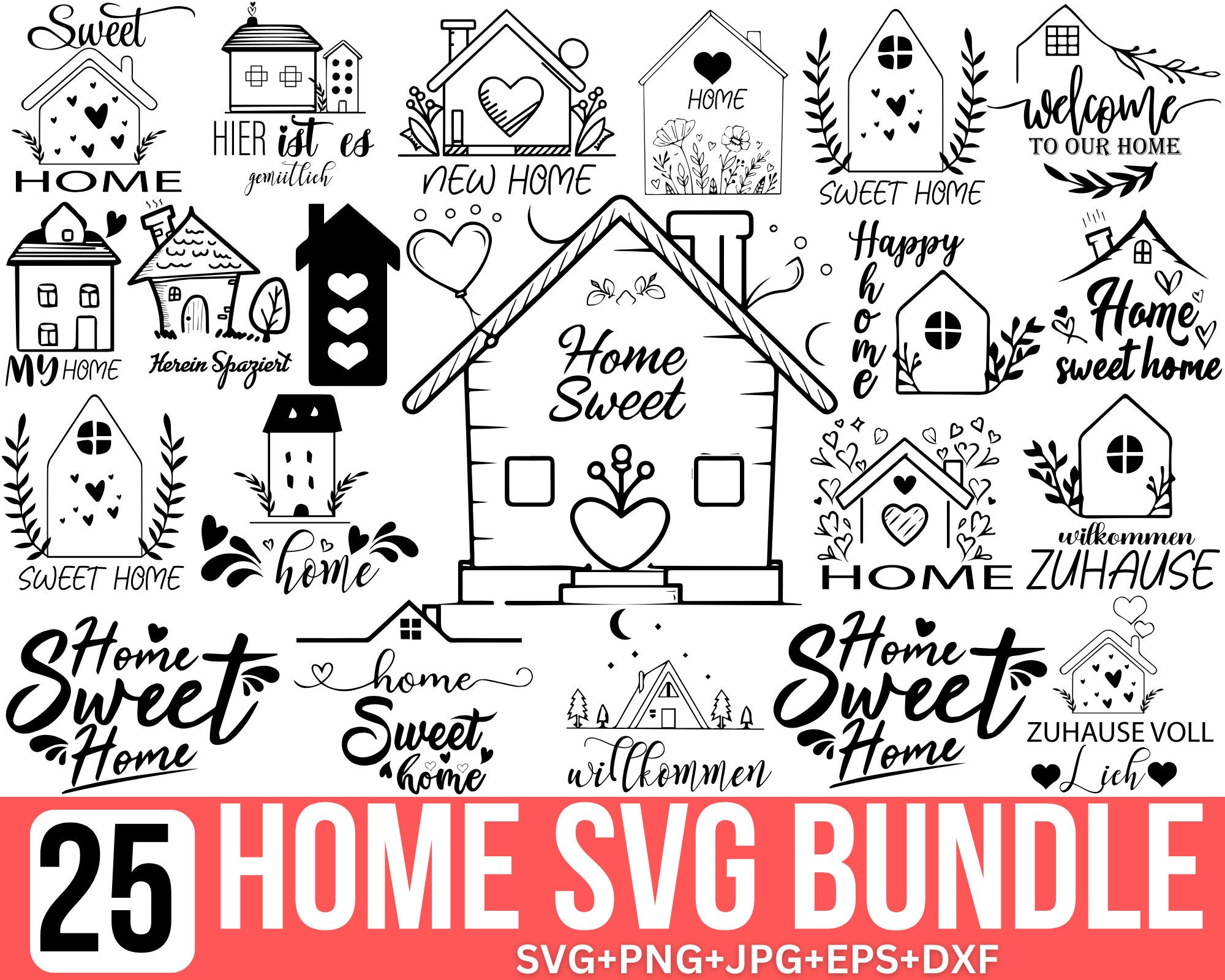 German Home Svg Bundle, House Heart Love Botanical Svg, Home lettering Saying Svg, German Svg,  Digital Download, For Cricut, Silhouette