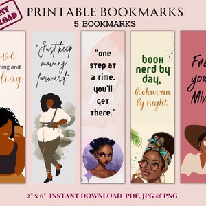 Printable Black Women Bookmark Set. Gift for Her. Set of 5 Bookmarks