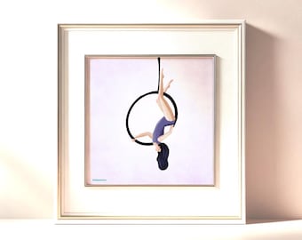 Acrobata sul cerchio Lyra, stampa artistica di acrobazie, poster aereo illustrato, arte murale unica, regalo per acrobati, decorazione del cerchio Lyra, studio aereo