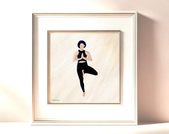 Impresión de arte de yoga, arte de pared único para amantes del yoga, decoración zen, perfecto para el hogar o el estudio, regalo para amantes del yoga, decoración de yoga, ilustración de postura de árbol