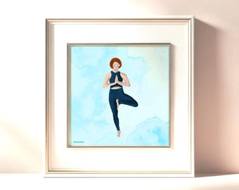May include: A framed watercolor painting of a person in a blue yoga outfit performing a tree pose against a blue and white watercolor background.