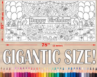 GIANT Birthday Coloring Poster or Table Cover, Paper Birthday Tablecloth for Parties, Birthday Party Decorations, size of 35” x 78”
