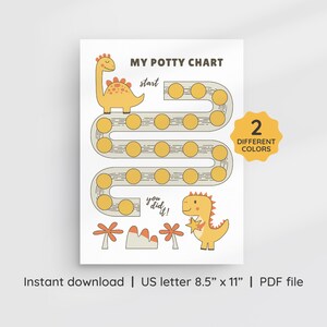 May include: A printable potty training chart featuring a yellow dinosaur with a star. The chart has a path of yellow circles to colour in as the child uses the potty. The text "MY POTTY CHART" is at the top of the chart. The text "start" is next to the first circle. The text "you did it!" is next to the last circle. The text "2 DIFFERENT COLORS" is in a circle at the top right corner of the chart.