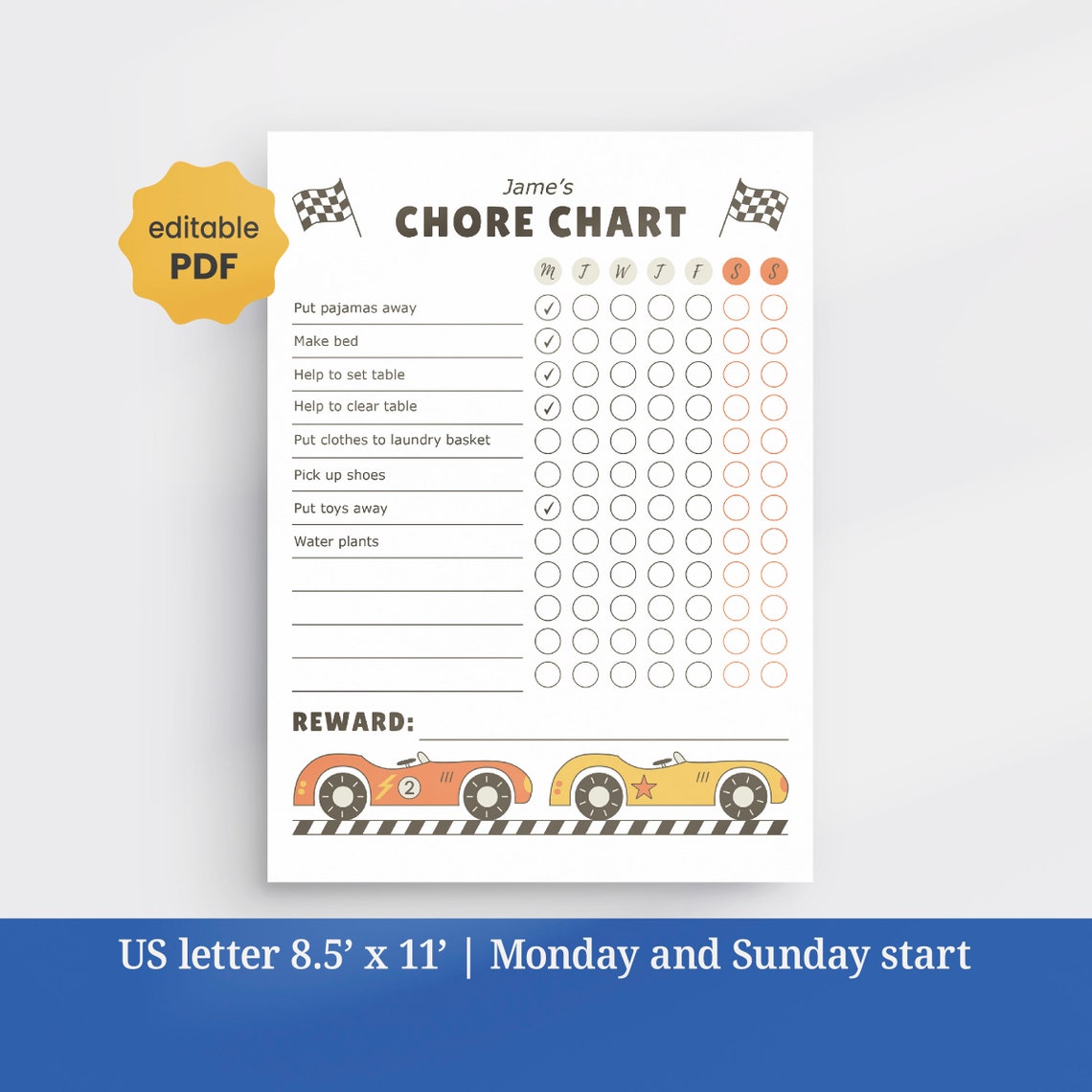 Editable Kids Chore Chart, Responsibility Chore Chart for Kids, Race