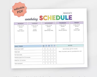 Cronograma semanal editável para crianças, planejador semanal para crianças para impressão, gráfico de plano de dias da semana, planejador simples de atividades e escolas, gráfico de responsabilidades em PDF