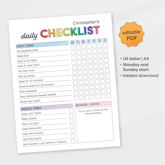 Daily Checklist, Editable Daily Routine, Responsibility Chart, Chore Chart Printable, Instant Download, PDF