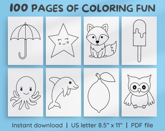 100 Simple Kids Coloring Pages | Preschool Homeschool Printable | Instant Digital Download