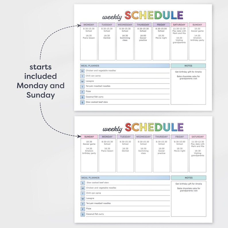 Editable Weekly Schedule Kids With Meal Planner, Kids Weekly Planner ...