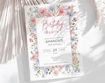 Wildflower Birthday Invitation Template: Editable Floral Garden Party Invite (Digital Download 5x7in Canva Template)