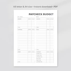 Paycheck Budget Planner, Editable Budget Template, PDF Printable Budget Tracker, Finance Planner, Monthly Budgeting, PDF, A4, US Letter, B&W