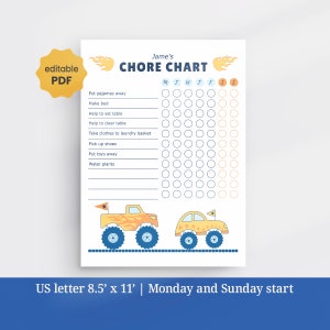 Monster Truck Chore Chart Printable: Editable Kids Responsibility Chart (PDF)
