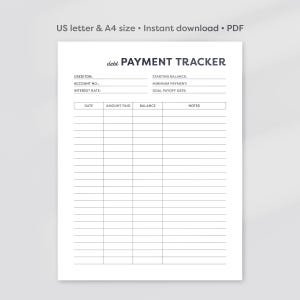 Seguimiento de pago de deudas imprimible, Seguimiento de pago de deudas, Registro de pago de deudas, Plan de pago de deudas, Seguimiento de finanzas, PDF, A4, Tamaño carta de EE. UU.