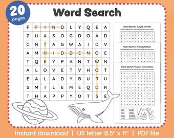 Puzzle de recherche de mots pour enfants : feuille d'exercices imprimable pour le primaire (téléchargement PDF, format lettre US)