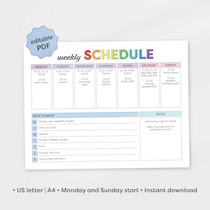 Editable Weekly Schedule Kids with Meal Planner, Kids Weekly Planner Printable, Weekly Plan Chart, School and Activity Simple Planner, PDF