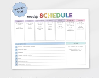 Cronograma semanal editável para crianças com planejador de refeições, planejador semanal para crianças para impressão, gráfico de plano semanal, planejador simples de atividades e escola, PDF