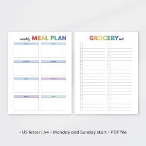 Eenvoudige maaltijdplanner afdrukbaar, weekmenuplanner, boodschappenlijst afdrukbaar, boodschappenlijstje, voedselplanner, invulbaar, US Letter, A4-formaat, pdf
