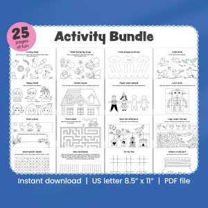 Pacchetto di attività stampabili, pagine di attività per bambini, ricerca di parole, disegno, unisci i puntini, giochi, attività di spionaggio, attività di labirinto, download digitale in PDF