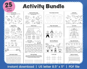 Kids Activity Bundle: 25 Activity Pages of Fun Games, Mazes, Drawing (Digital Download PDF)
