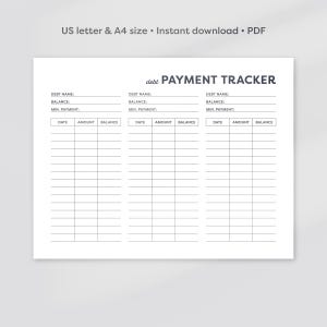 Seguimiento de pago de deudas imprimible, Seguimiento de pago de deudas, Registro de pago de deudas, Plan de pago de deudas, Seguimiento de finanzas, PDF, A4, Tamaño carta de EE. UU.