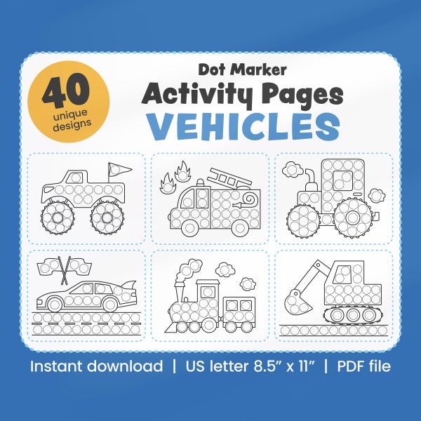 Vehicles Dot Marker Coloring Pages for Kids | Activity Printables for Kids, Toddlers, Preschoolers | Instant Download | Homeschool Activity