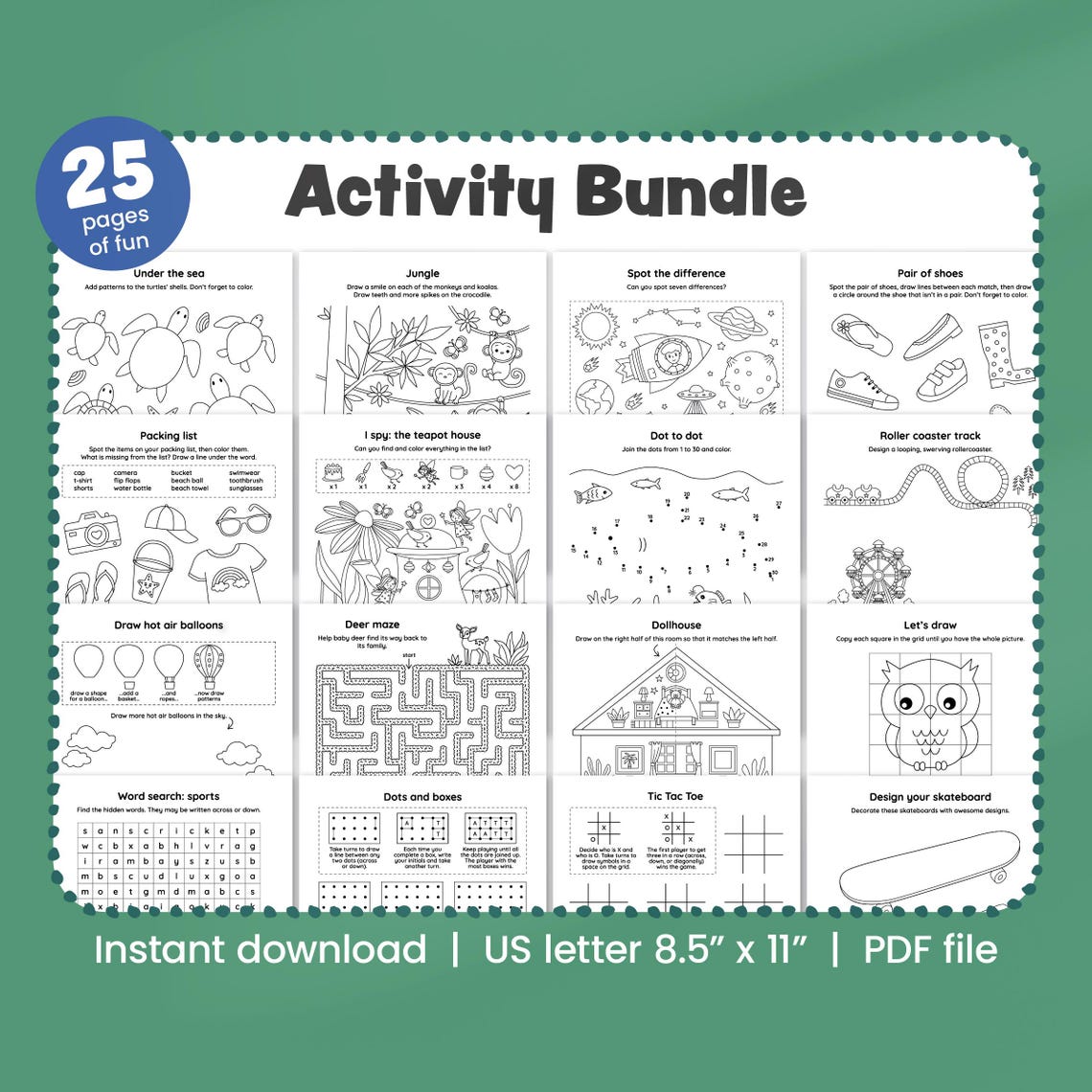 Kids Activity Bundle: 25 Pages of Fun Games, Mazes, Drawing (digital ...