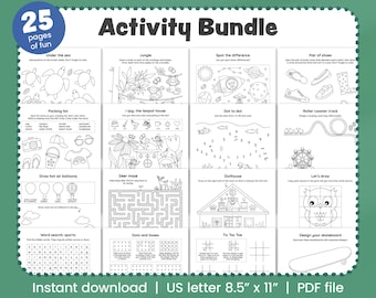 Kids Activity Bundle: 25 Pages of Fun Games, Mazes, Drawing (Digital Download PDF)