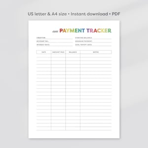 Seguimiento de pago de deudas imprimible, Seguimiento de pago de deudas, Registro de pago de deudas, Plan de pago de deudas, Seguimiento de finanzas, PDF, A4, Tamaño carta de EE. UU.