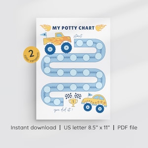 Peut inclure: Un tableau d'apprentissage de la propreté imprimable avec un motif de monster truck bleu et jaune. Le tableau comporte un chemin avec des cercles pour marquer les progrès et le texte "My Potty Chart", "start" et "you did it!"