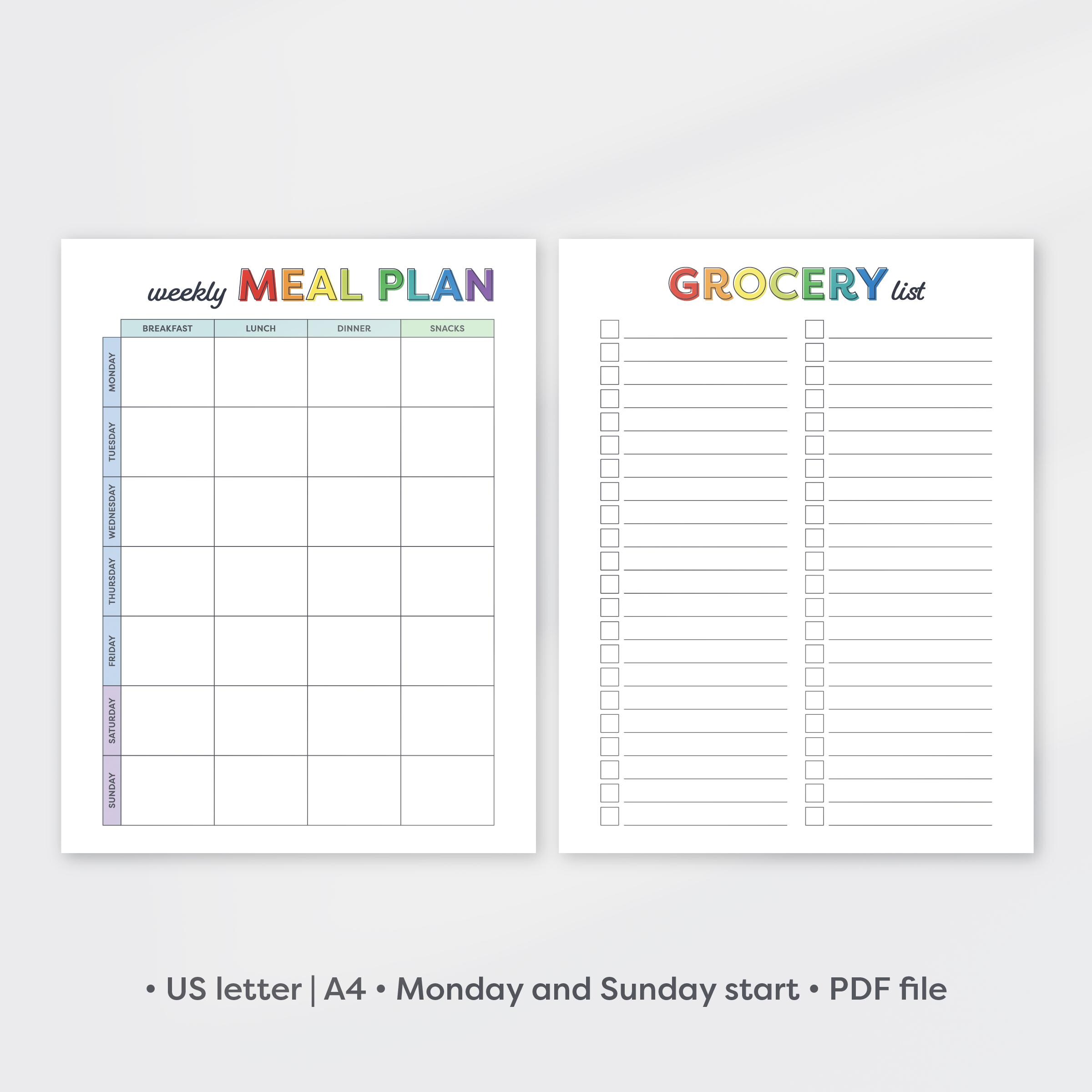 Planejador de refeições para impressão, planejador de menu semanal, lista de compras para impressão, lista de compras para impressão, planejador de alimentos, carta dos EUA para preenchimento, tamanho A4, PDF