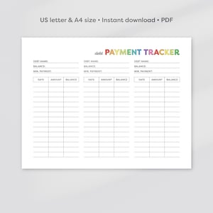 Seguimiento de pago de deudas imprimible, Seguimiento de pago de deudas, Registro de pago de deudas, Plan de pago de deudas, Seguimiento de finanzas, PDF, A4, Tamaño carta de EE. UU.