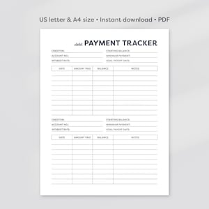 Rastreador de pago de deudas, Rastreador de pago de deudas imprimible, Registro de pago de deudas, Plan de pago de deudas, Rastreador de finanzas, PDF, A4, Tamaño carta de EE. UU.