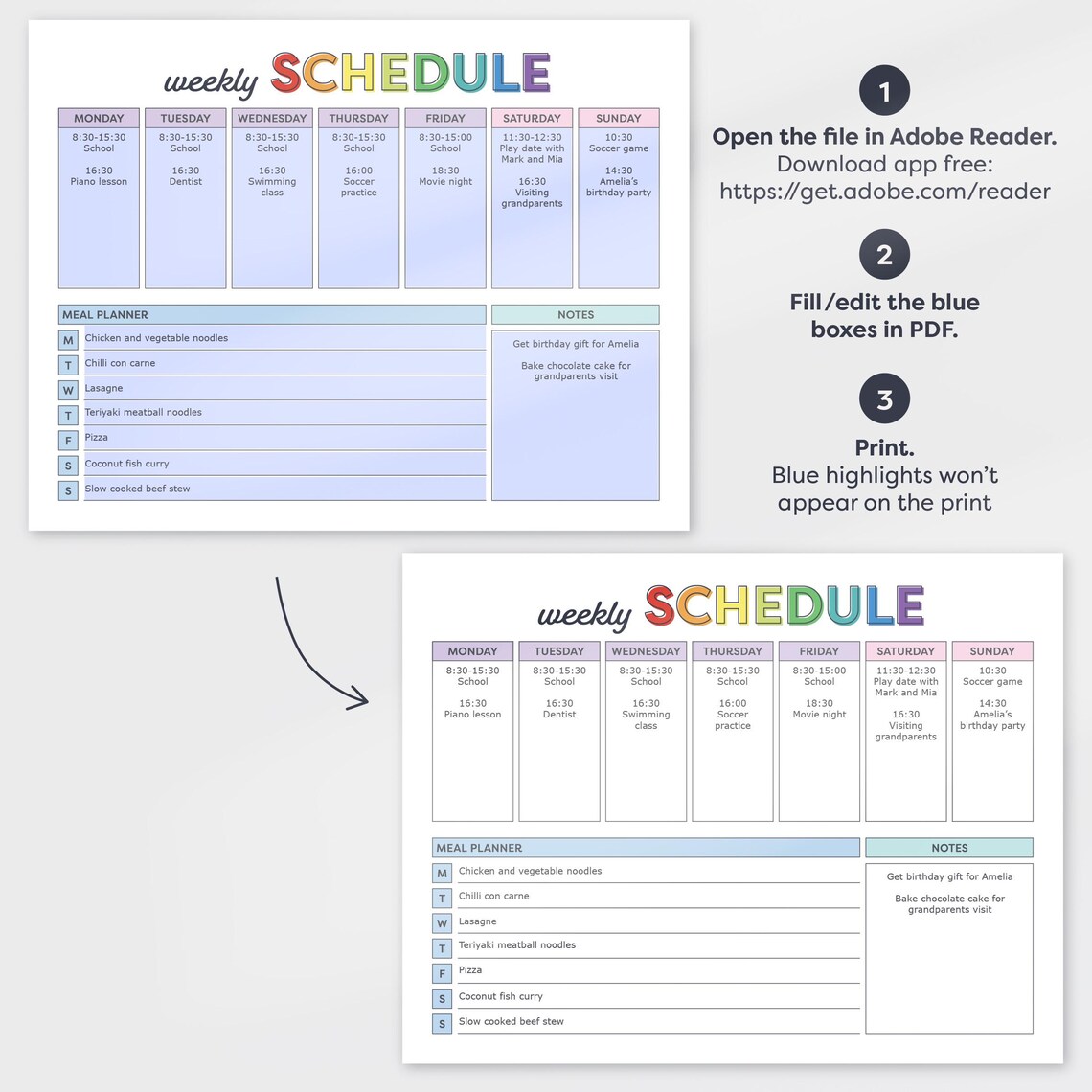 Editable Weekly Schedule Kids With Meal Planner, Kids Weekly Planner ...
