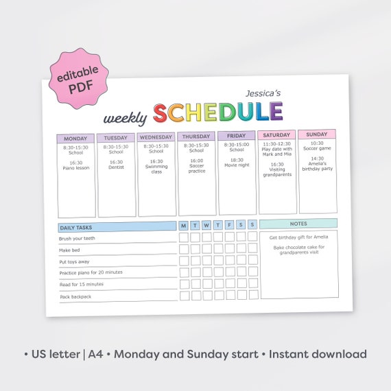 Editable Weekly Schedule Kids, Kids Weekly Planner Printable, Weekly Plan Chart, School and Activity Simple Planner, ResponsibilityChart PDF