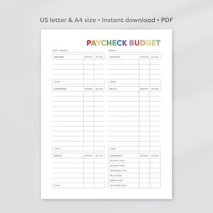 Paycheck Budget Planner: Printable Finance Tracker (PDF, A4, US Letter)