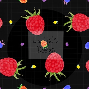 May include: A repeating pattern on a black grid background featuring bright red raspberries with green stems, small yellow berries, and tiny purple berries. A semi-transparent rectangular overlay displays the text Lottie's Design.