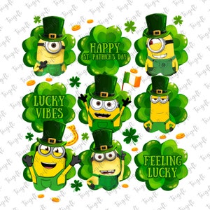 May include: A collection of St. Patrick's Day-themed graphics featuring yellow Minion characters wearing green outfits and hats. The designs include shamrocks, gold coins, and text that reads "Happy St. Patrick's Day", "Lucky Vibes", and "Feeling Lucky".