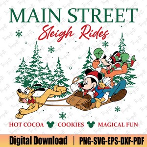 Passeio de trenó na rua principal de Natal Svg, Feliz Natal Svg, Mouse e amigos, Temporada de Natal Svg, Camiseta de viagem de Natal em família, Modo de férias