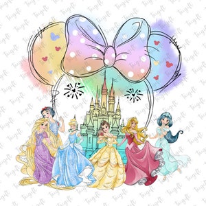 Retro kleurrijk kasteel png, magische koninkrijk prinses png, familie-uitje png, prinses en kasteel png, prinsesshirt, aquarel prinses png