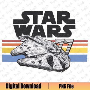 Puede incluir: Un gráfico de estilo retro con el texto "STAR WARS 77" en negro con contorno blanco. Debajo del texto hay una ilustración en blanco y negro del  Millennium Falcon. El fondo es una serie de rayas horizontales en naranja, rojo, amarillo, azul y blanco.