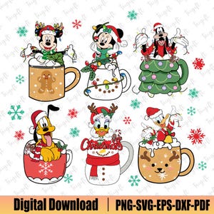 Café con leche de dibujos animados navideños PNG, ratón y amigos, Navidad PNG, Navidad familiar PNG, vacaciones navideñas PNG, camiseta navideña a juego