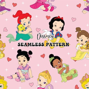 May include: A pink background with a seamless pattern of Disney princesses as babies. The princesses include Ariel, Snow White, Belle, Mulan, Tiana, and Cinderella. The text "Disney Seamless Pattern" is in the centre of the image.