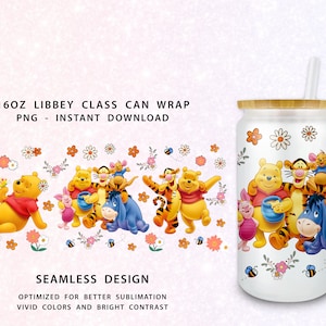Winnie The Pooh Cartoon 16oz Libbey Can PNG, Pooh and Friends 16oz Glass Can Wrap, 16oz Libbey Can Glass, Catoon Tumbler,Full Glass Can Wrap