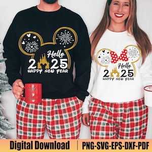 Hallo 2025, Maus und Freunde, Schloss, Neujahr Neujahr, Frohes neues Jahr, Feiertage, Paar passendes Shirt, Vacay Mode